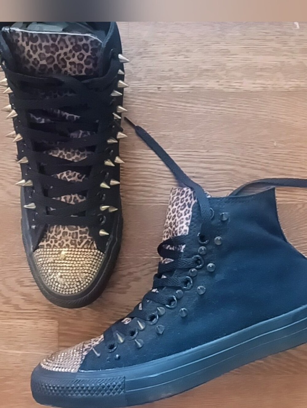 Converse Black High-Top Sneakers with Leopard Print and Gold Accents